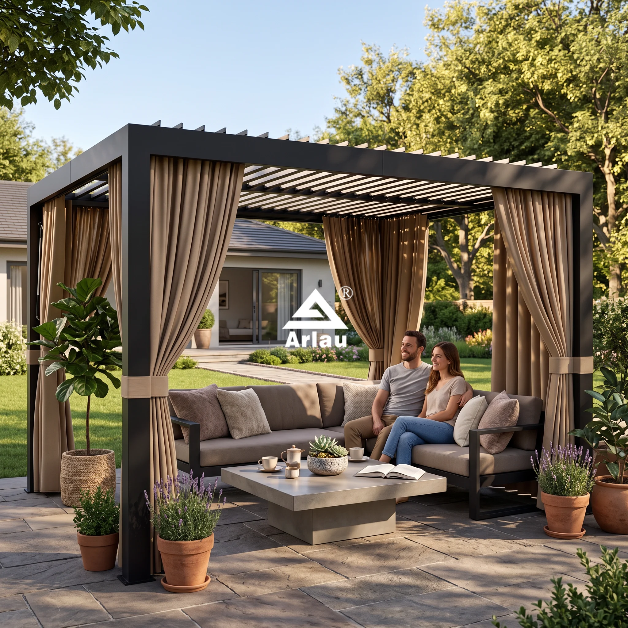 Pergola à lames orientables 10x10 avec toit réglable, rideaux et moustiquaire 1