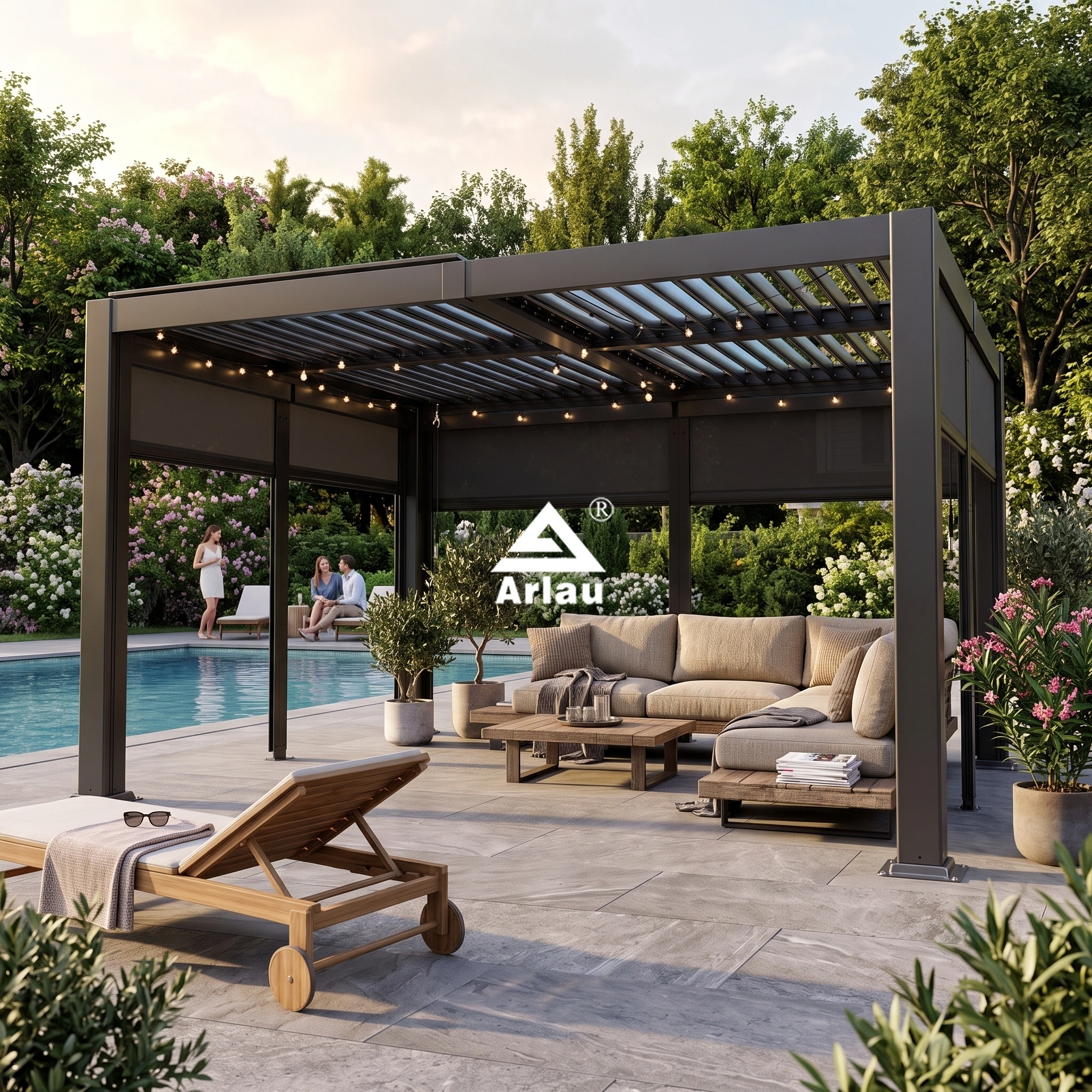 12 ft Steel Pergola with Adjustable Louvers and Curtains 1