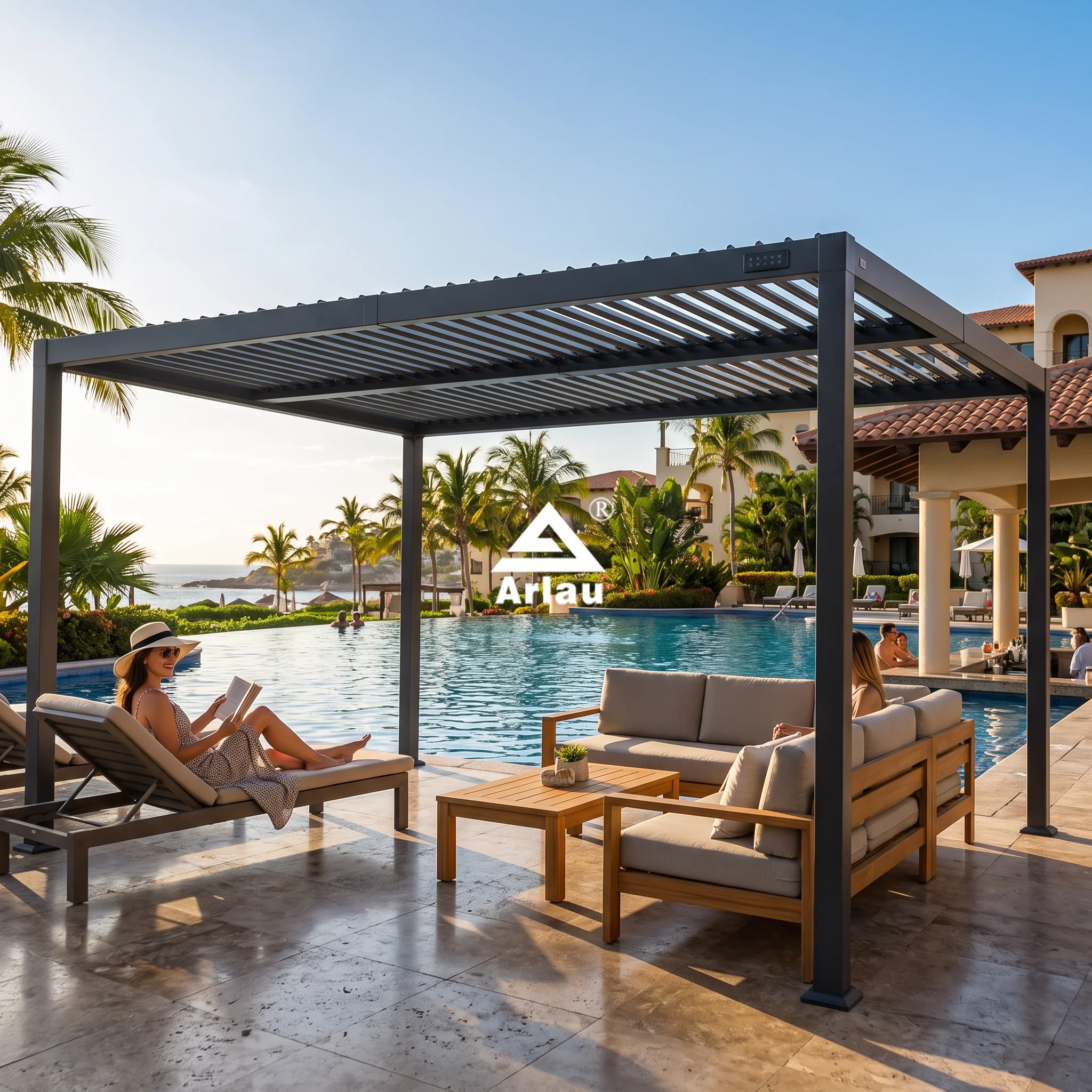 Pergola en acier à lames orientables avec toit à double zone pour patios et jardins 1