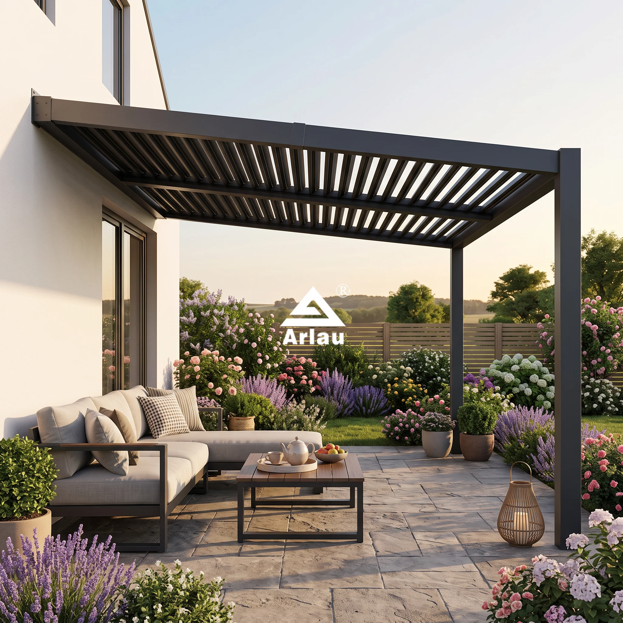 Wall-Mounted Aluminum Louvered Pergola with Drainage System 1
