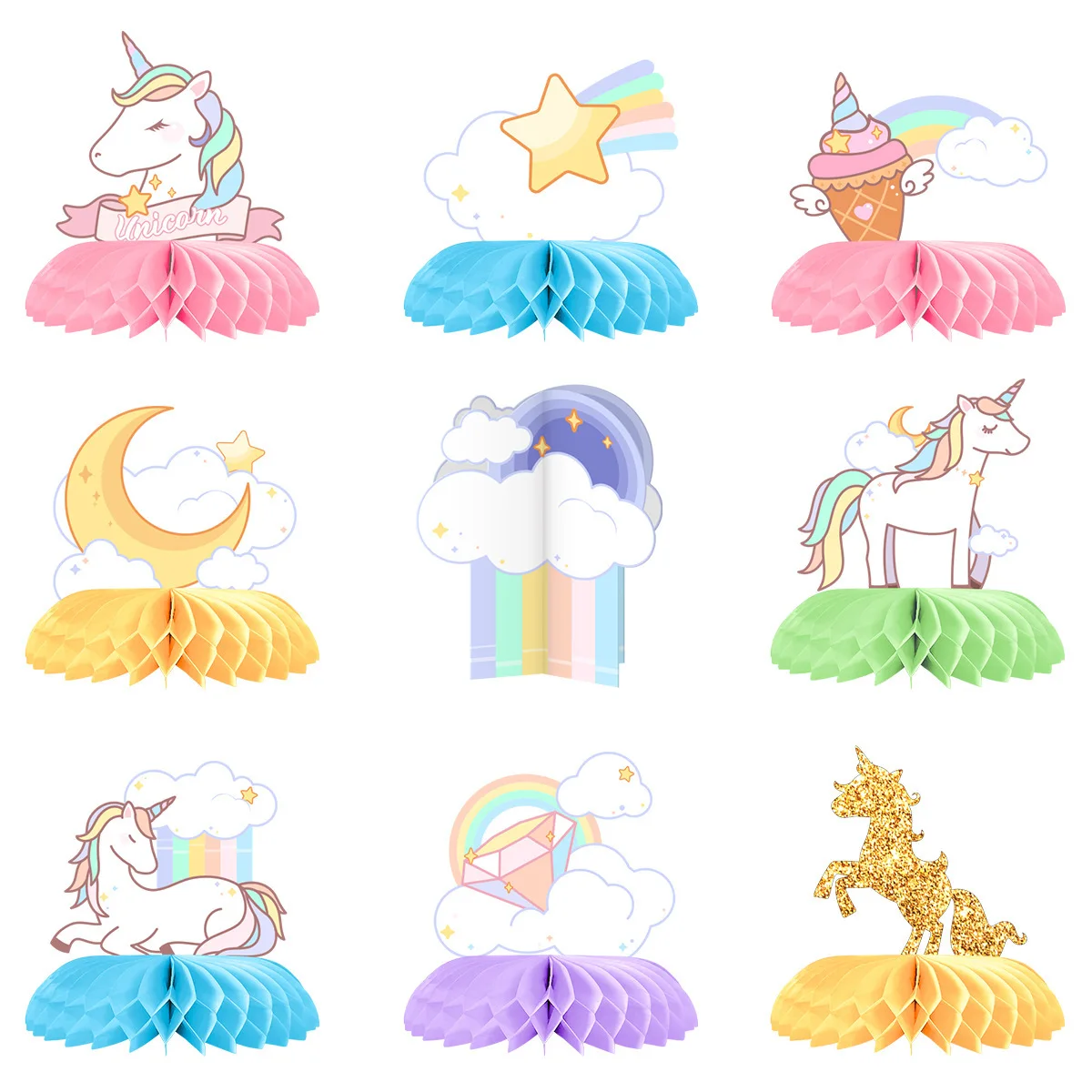 Magic Lights 9 PCS Fantasy Unicorn Rainbow Honeycomb Calls Table Toppers Decorations للأطفال 1