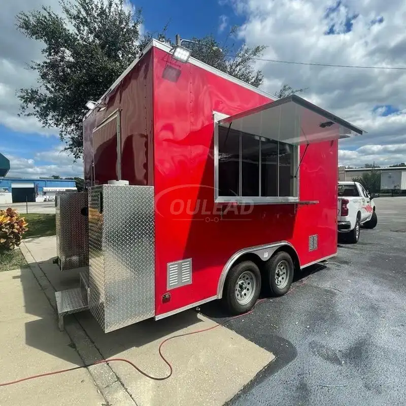 Bright Red Dual - Axle Food Trailer | Diamond Plate & Serving Window 1