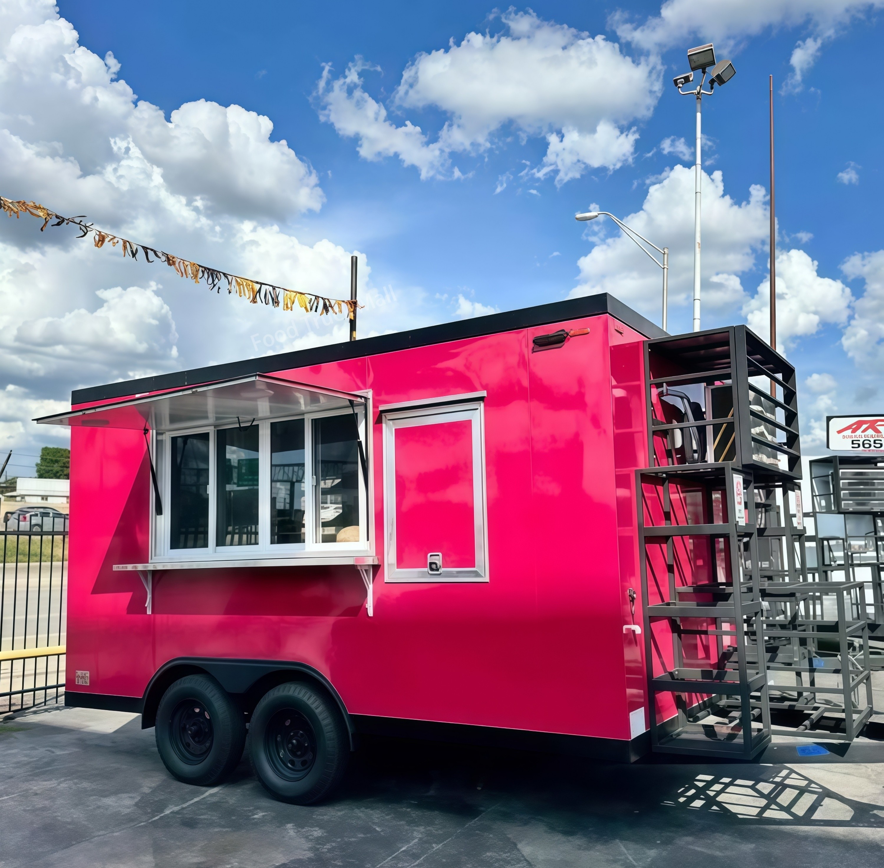 Remorque de restauration rose vif à double essieu avec fenêtre de service 8