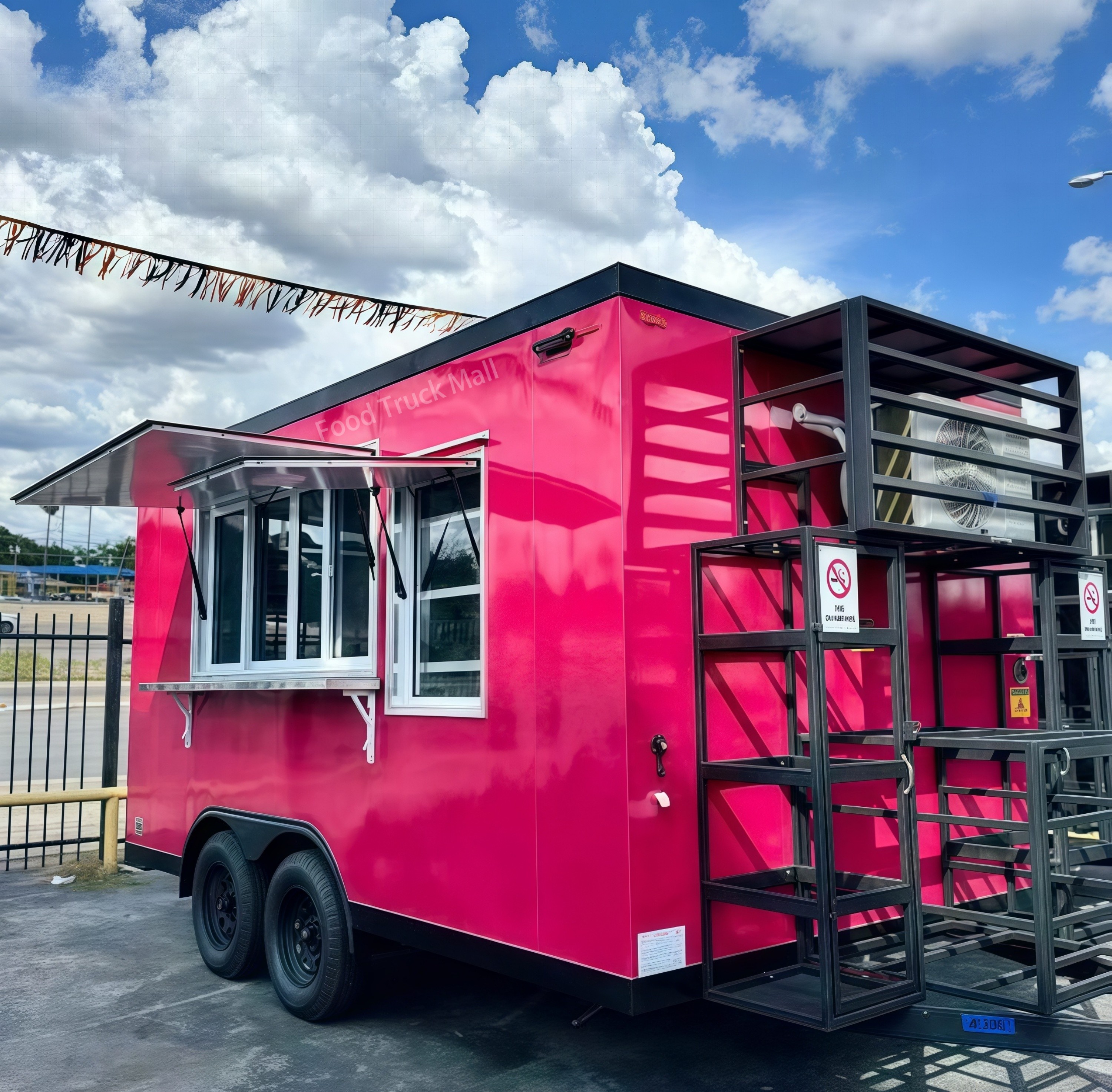 Remorque de restauration rose vif à double essieu avec fenêtre de service 5