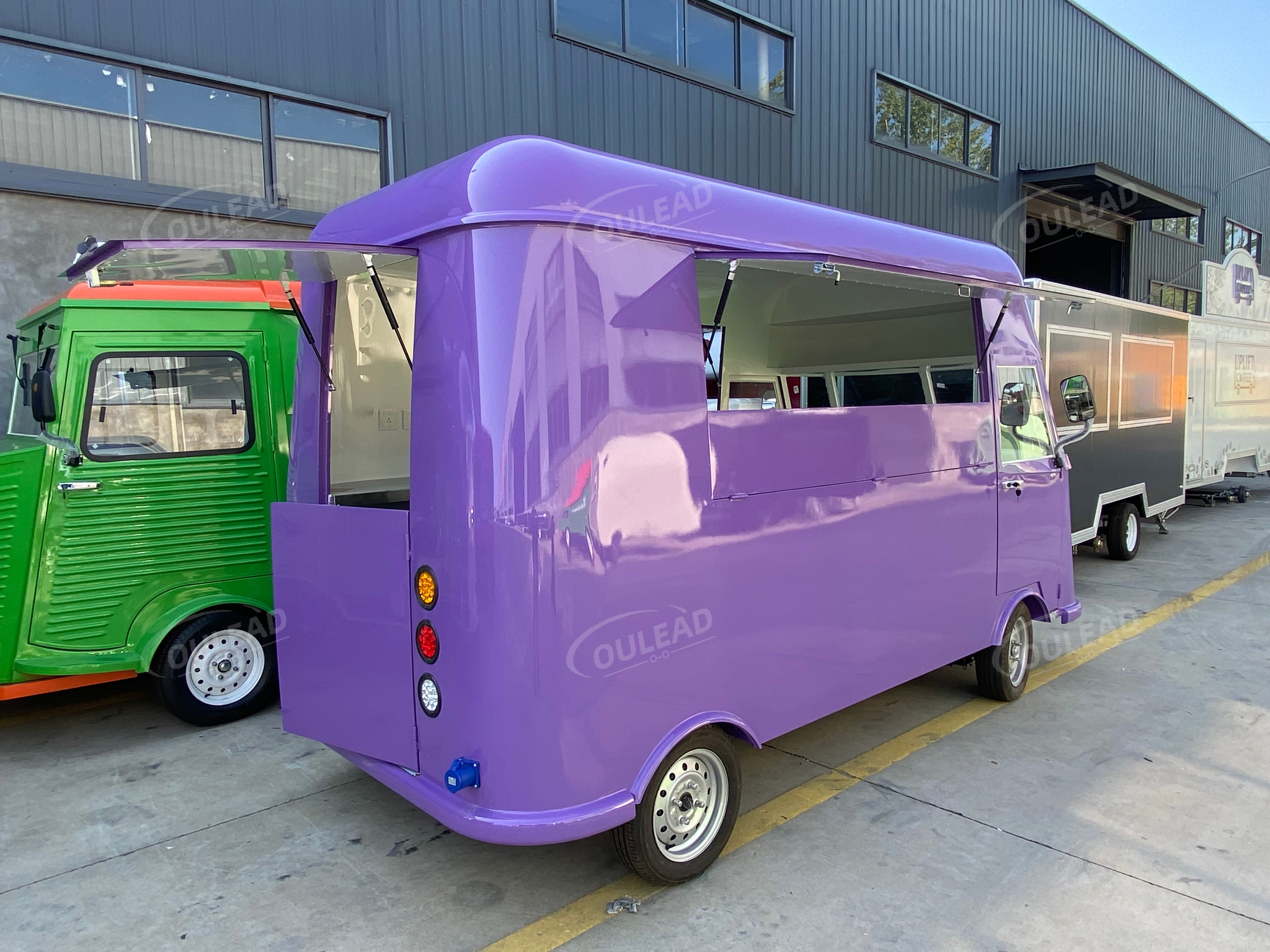 Trailer de comida moderno roxo e branco, caminhão móvel de catering, café e lanches 7