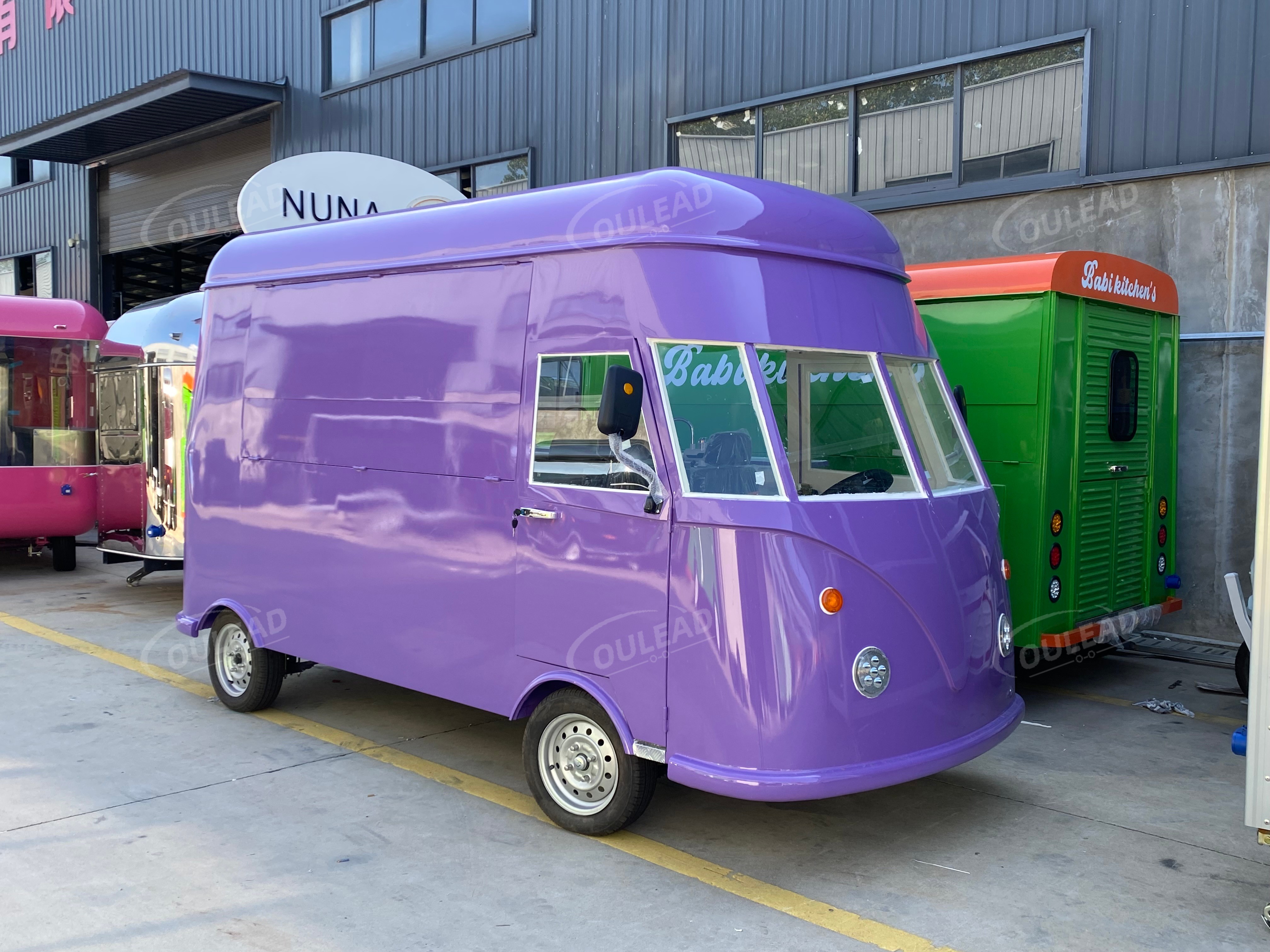 Trailer de comida moderno roxo e branco, caminhão móvel de catering, café e lanches 1
