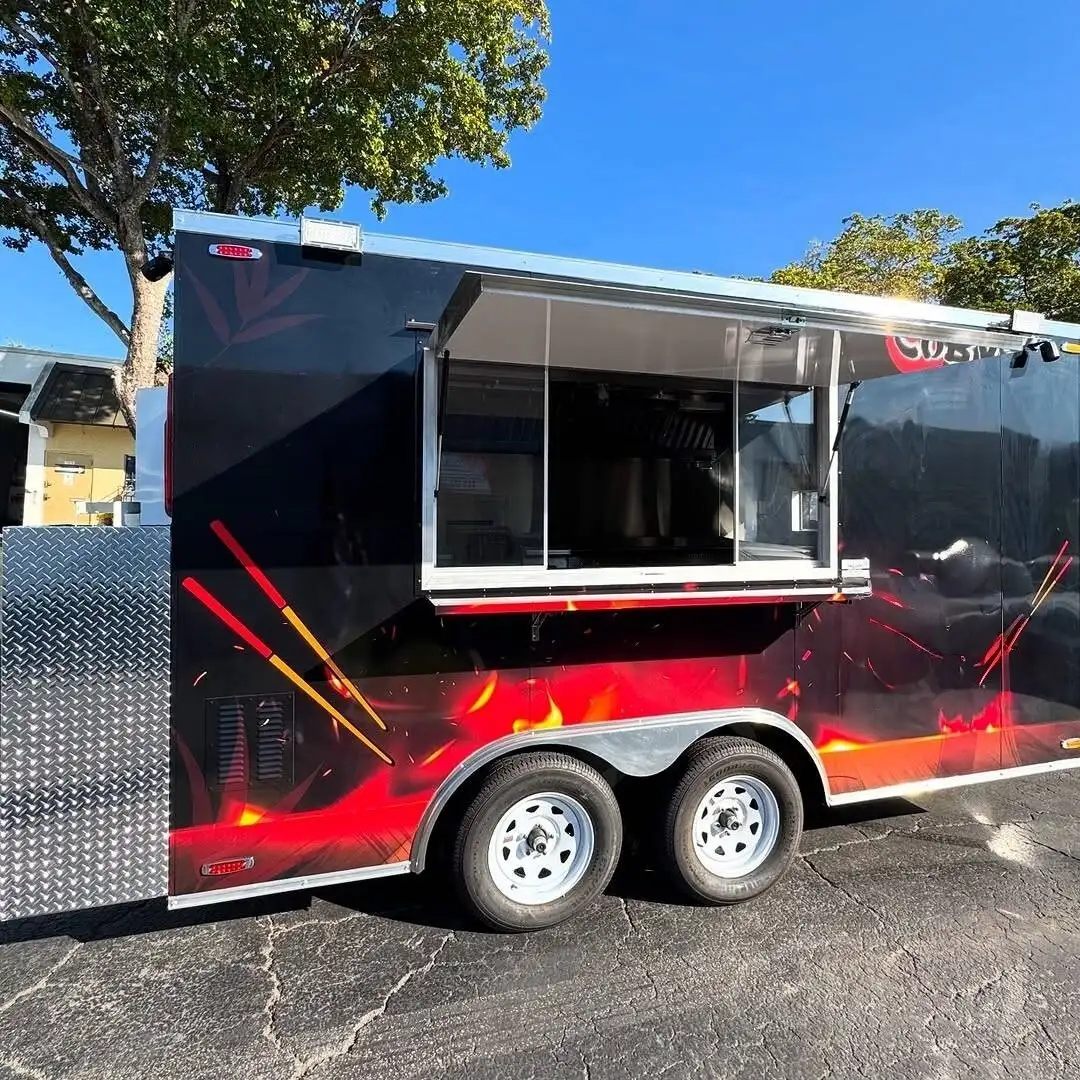 Dual - Axle Food Trailer with Fiery Red - Black Graphic and Serving Awning 1