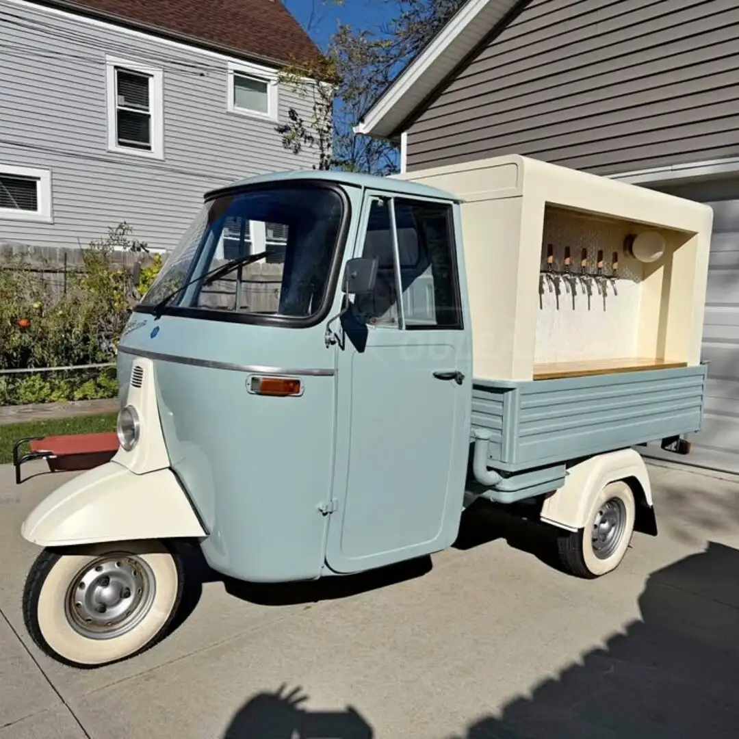 Light Blue & Cream Retro Three-Wheeled Mobile Beverage Cart with Multi-Tap Serving System 1