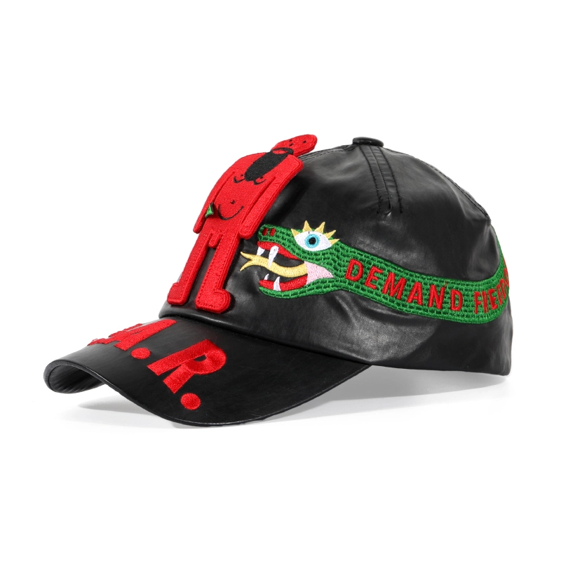Berretto da baseball in pelle con tesa curva hip-hop con ricamo a taglio completo personalizzato 1