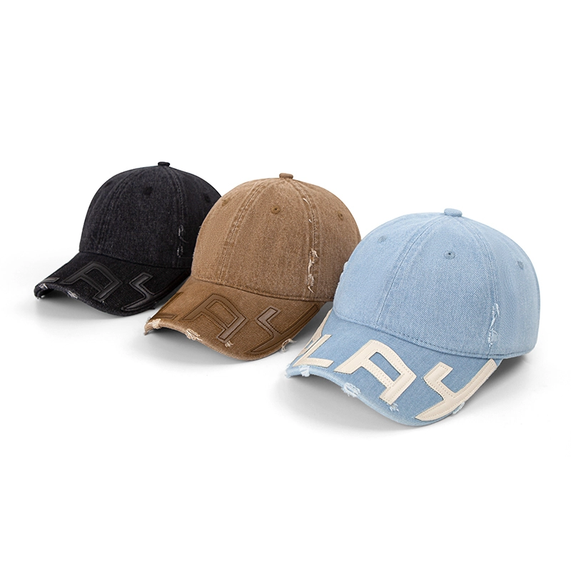 Leather patch casquette Denim Distressed Washed Baseball Cap 1