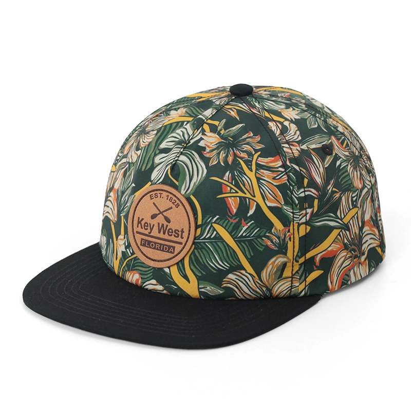 Casquette Snapback à 5 panneaux en nylon non structuré à bord plat et motif floral 1