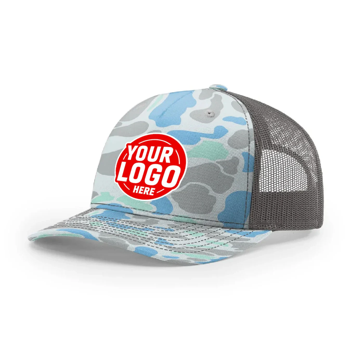 Gorra de béisbol con cinco paneles y bordado personalizado Richardson 112PFP, con colores camioneros y camuflaje 1