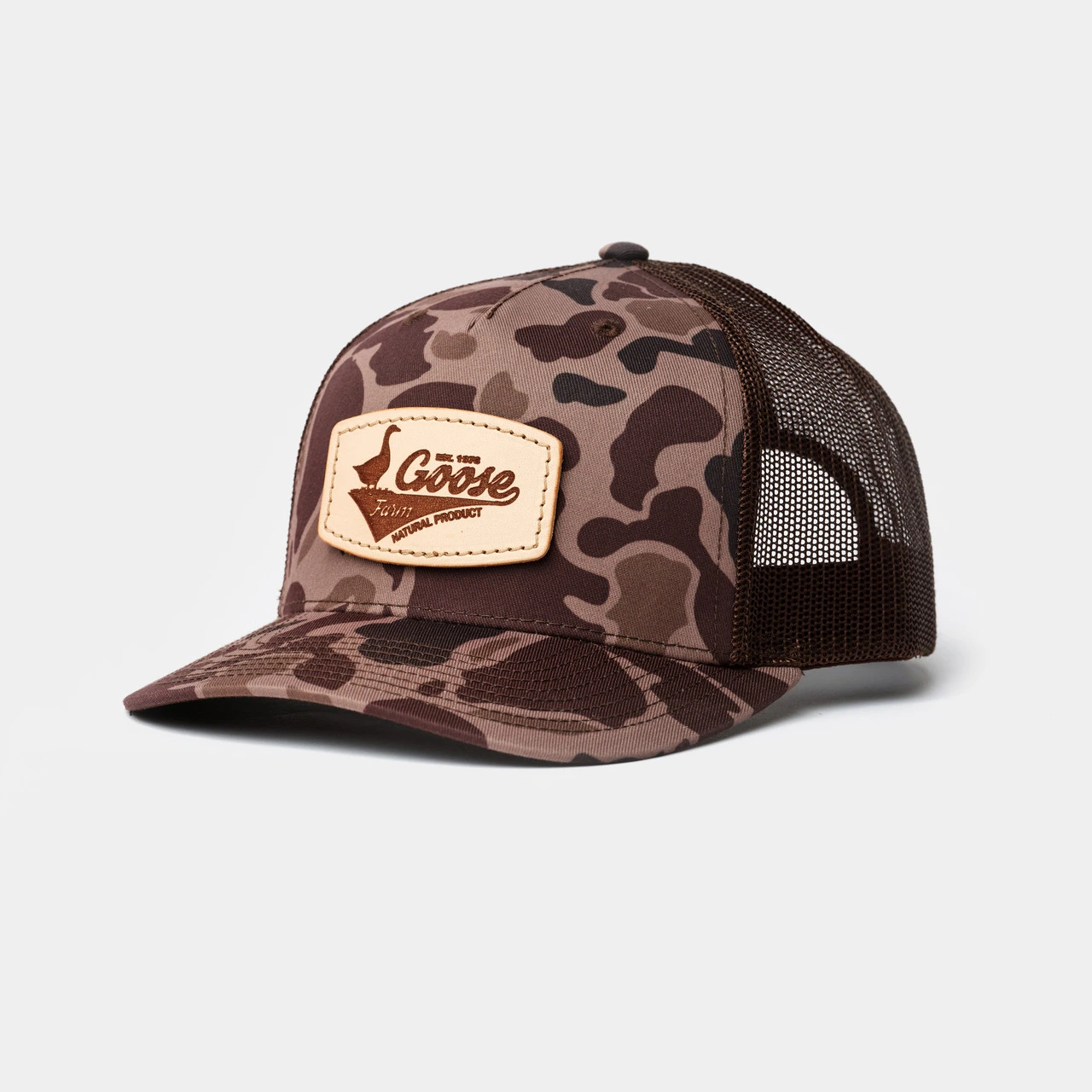 Richardson 112 Baseballkappe mit bedrucktem Lederaufnäher und fünf Einsätzen, Trucker-Baseballkappe aus Camo-Mesh 1