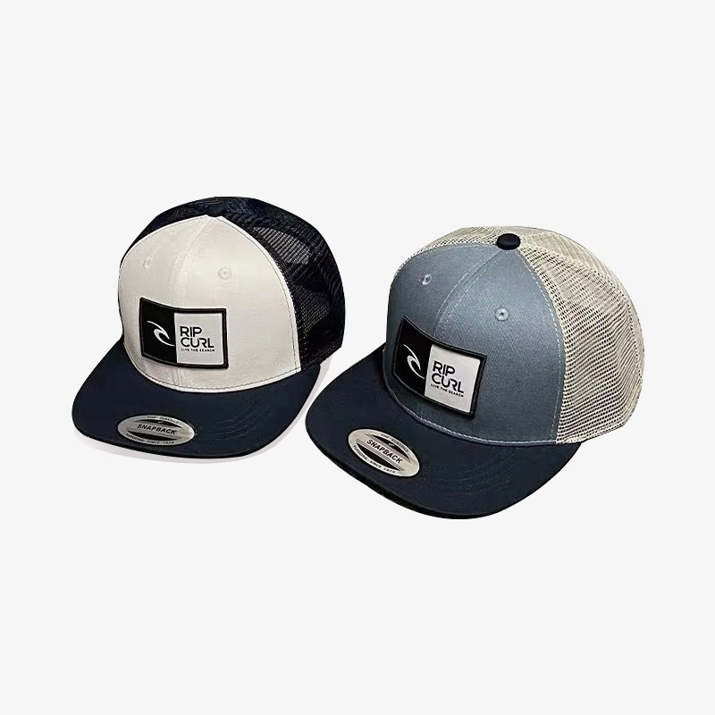 Gorra de camionero plana con parche de 6 paneles y bordado personalizado, gorra snapback estructurada de malla 1
