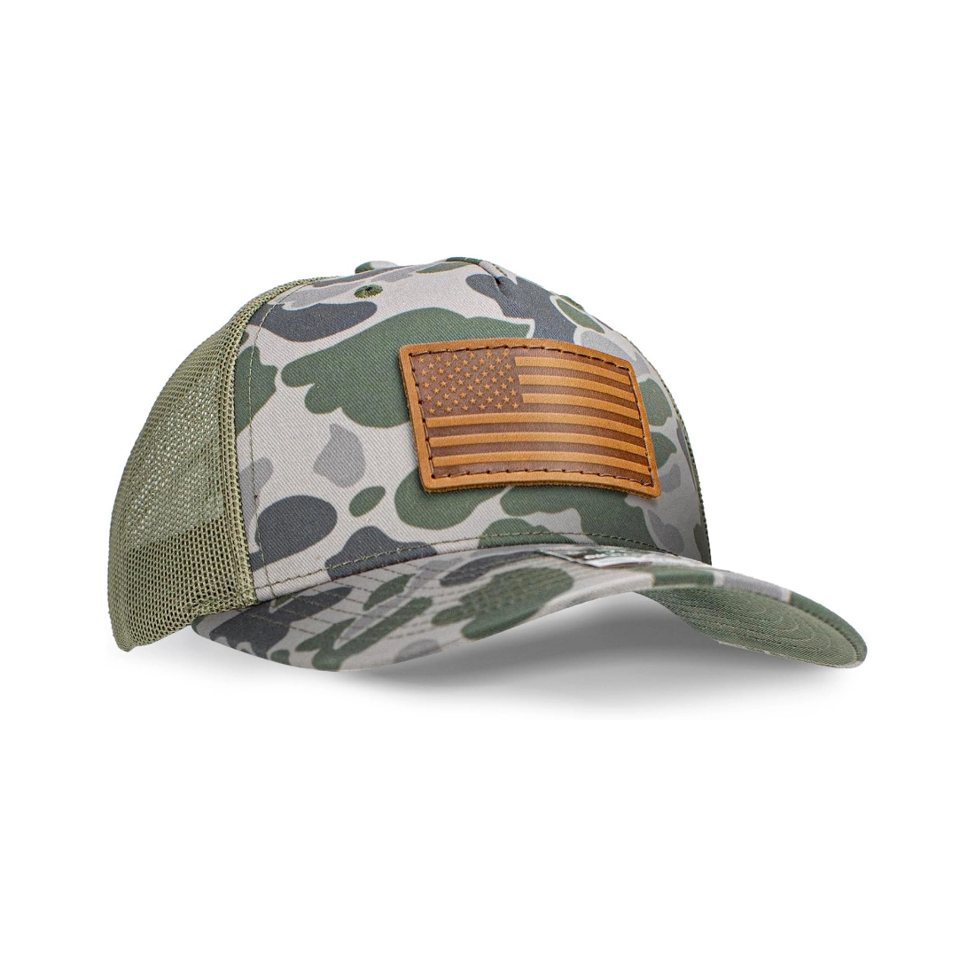 Casquette de baseball personnalisée en cuir avec drapeau américain Richardson 112 Trucker Hat Mesh 5 panneaux 1