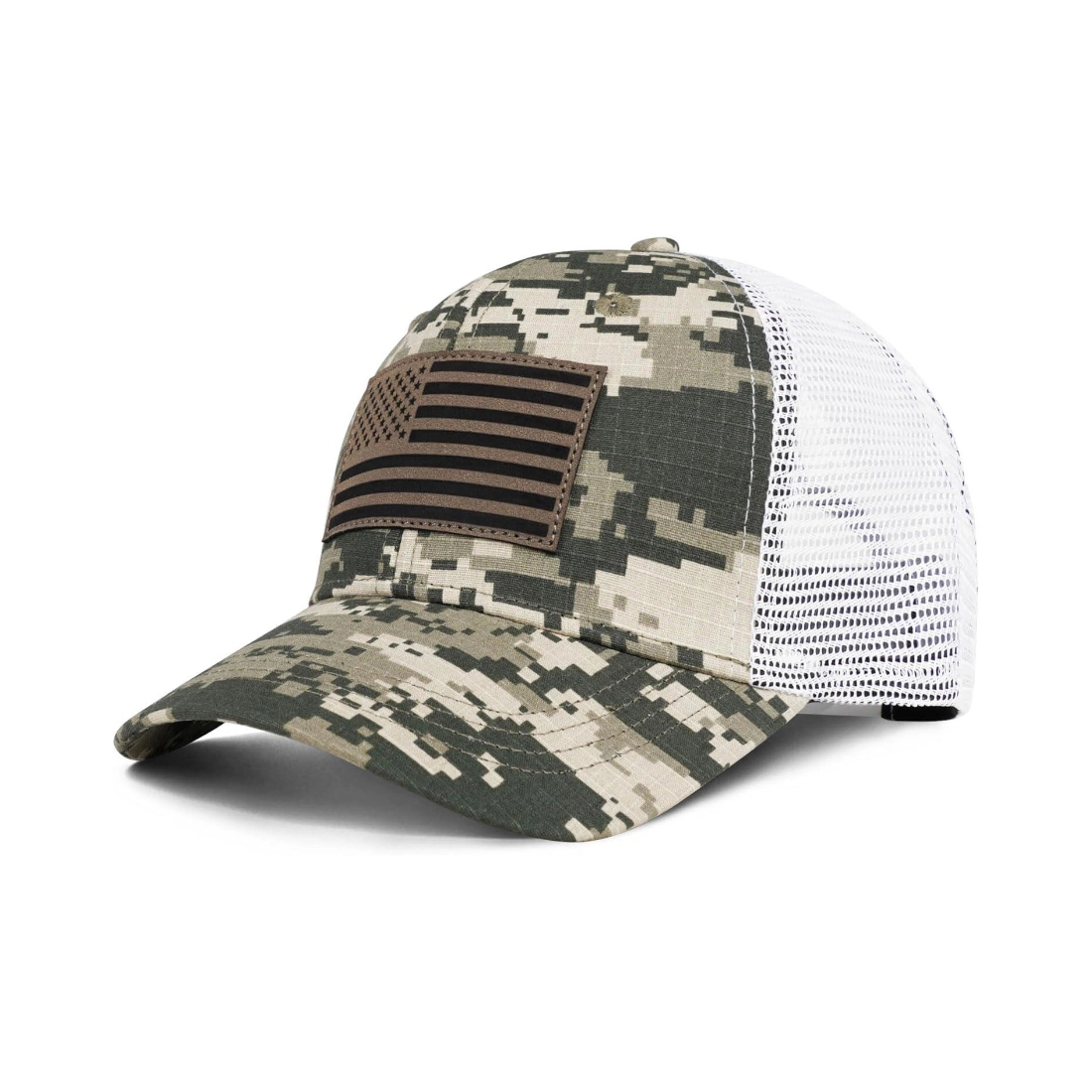 Gorra de camionero personalizada con parche de bandera estadounidense, malla de camuflaje y resistente al desgarro Ripstop 1