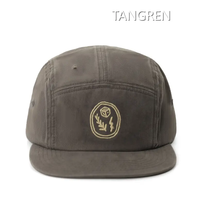 Five Panel Embroidered 100% Cotton Washed Flat Peak Camper Snapback Hat-1 1