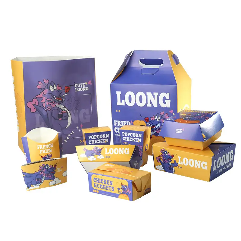 ქარხანა საბითუმო Take Away საკვების შეფუთვა ყუთები მორგებული ჰამბურგერი ფრანგული კარტოფილი პოპკორნი ქათმის ნუგეტები შემწვარი ქათმის ყუთი 1