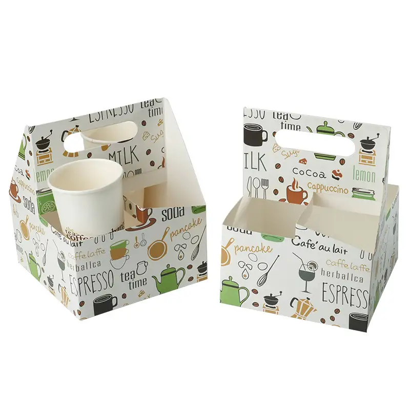 Uchampak-Factory Customized logo Eco Friendly Take Away Hot Drink Coffee Tea Carriers 2 Pack Cup Holder with Handle 1