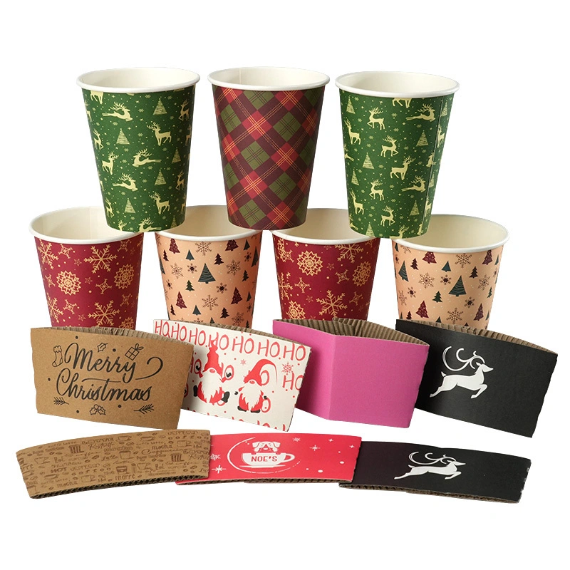 Cheap Christmas Style disposable cup sleeve Custom Logo Disposable Singer Side Printing Milk Tea Coffee Paper Cup Sleeve 1
