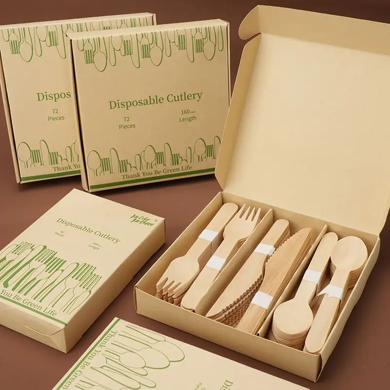 Uchampak-Level A Eco Friendly biodegradable recyclable Disposable Wooden Cutlery set wooden Spoons Forks Knives 1