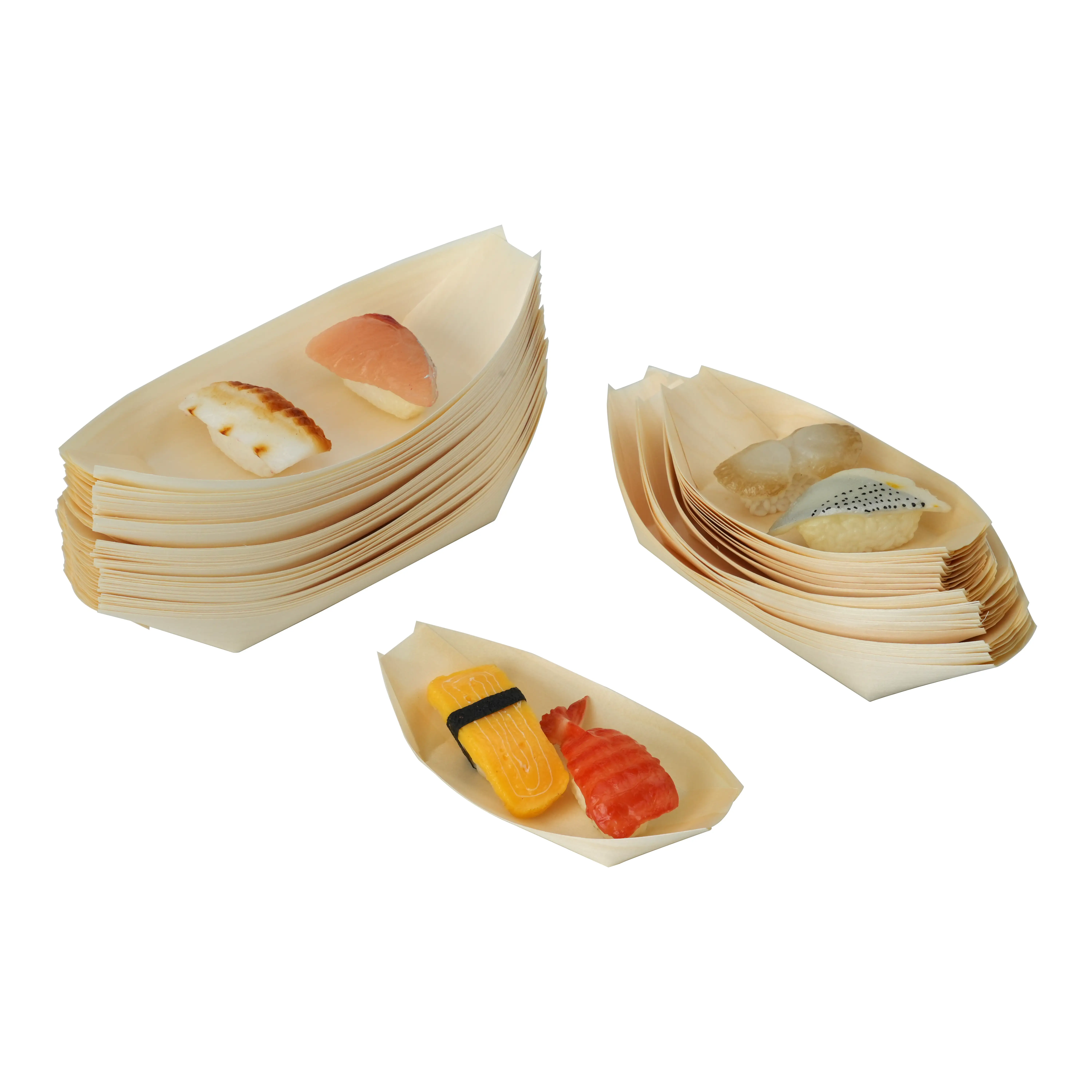 Uchampak-Wholesale Disposable Japanese Restaurant Snack Dessert Appetizers Salad Plate Wooden Sushi Boat Tray 1
