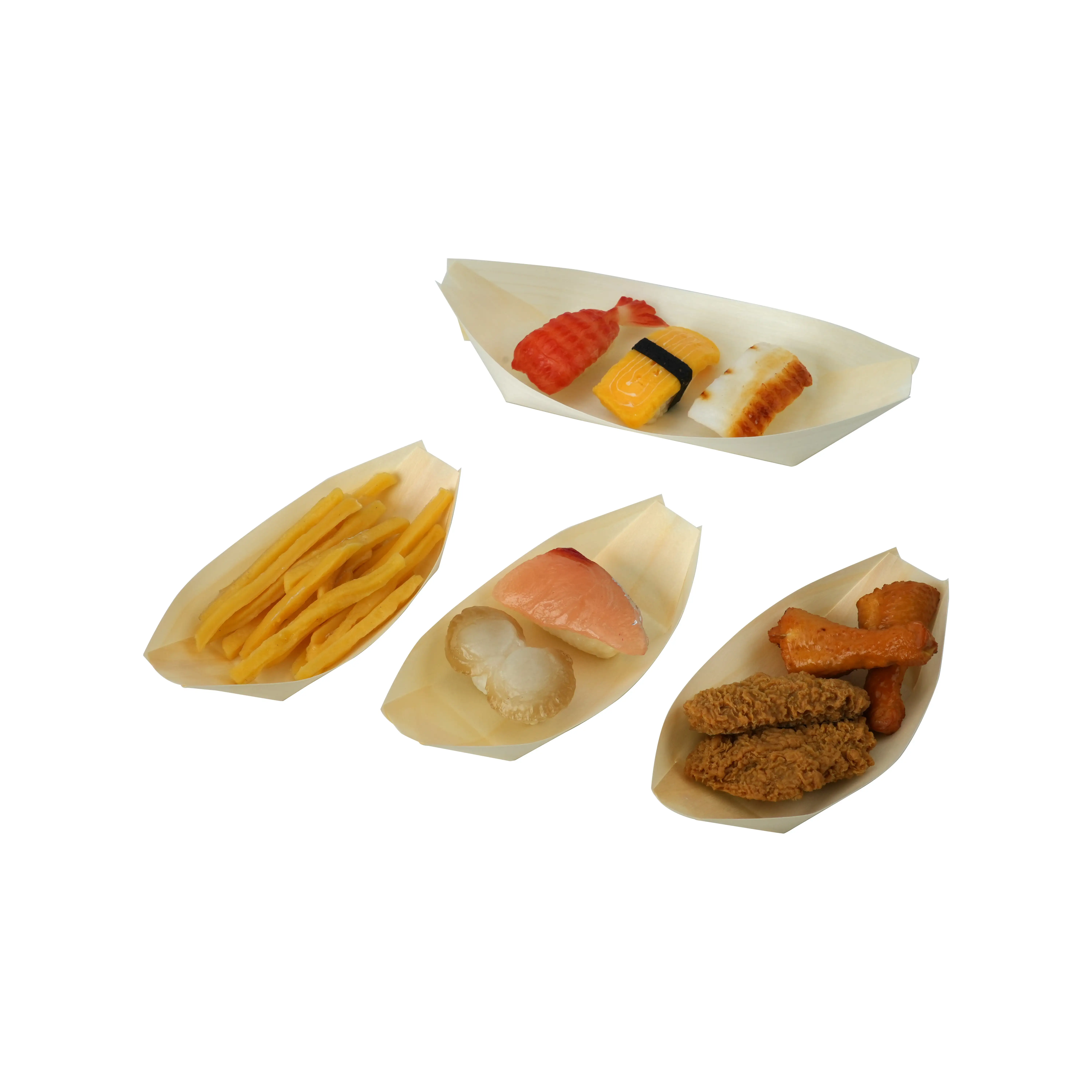 Restaurantware Medium Disposable Wood Serving Boats tray Natural aspen wood Take Out boat Trays 1