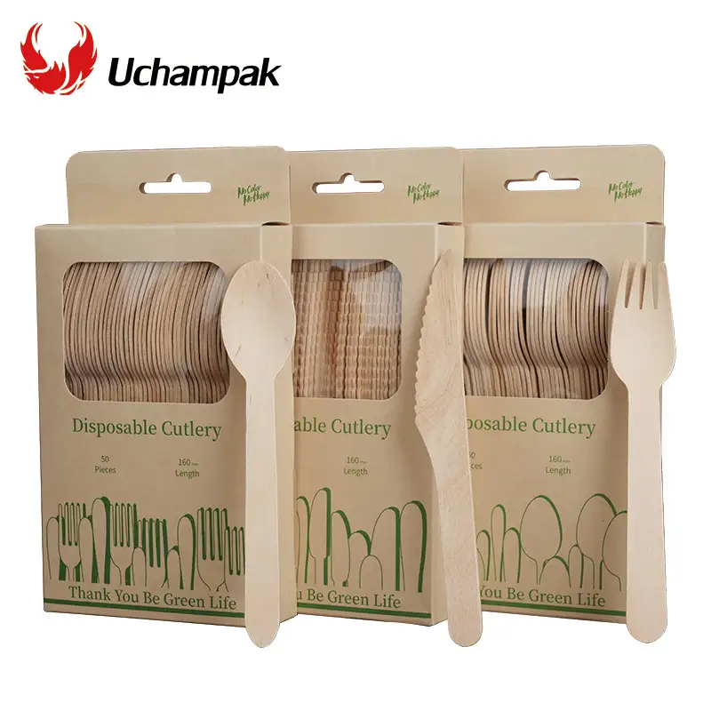 50 pieces 160mm disposable wooden cutlery set wooden spoon fork and knife 1