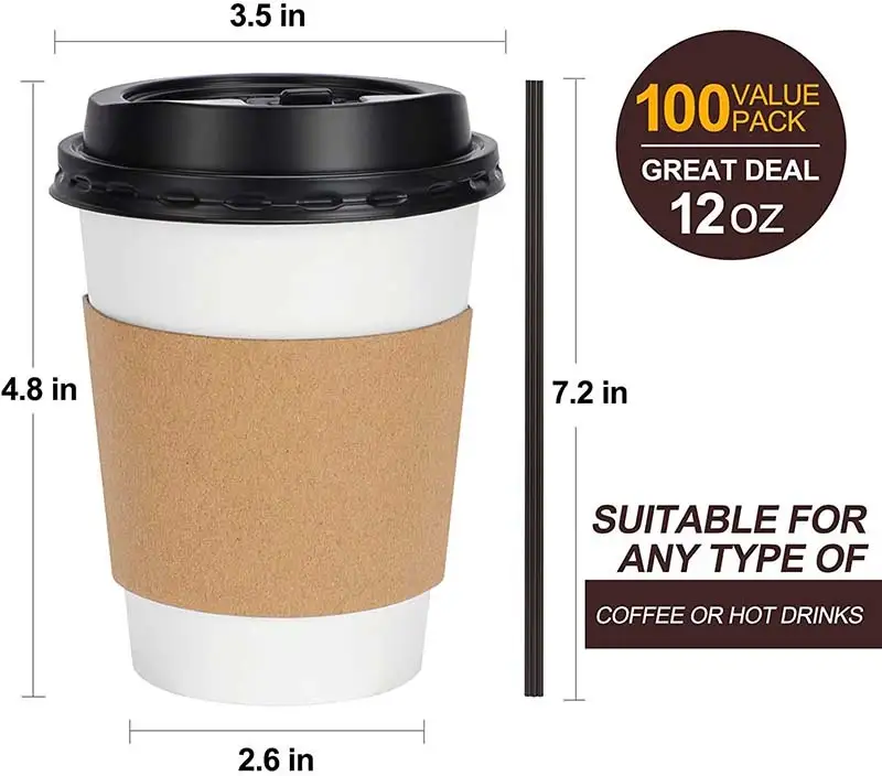 Uchampak - পুনর্ব্যবহারযোগ্য কফি কাপ হাতা ডিসপোজেবল কার্ডবোর্ড হাতা, ঢেউতোলা কাপ হাতা ফিট 10 12 16oz কাগজ কাপ 1