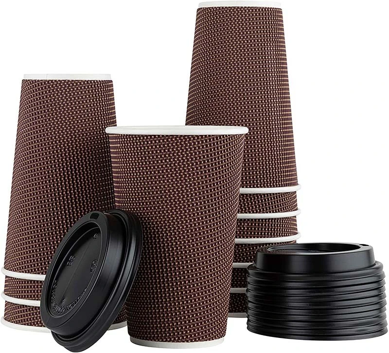 Uchampak - Ripple Insulated Kraft for Hot /Cold Drinks Disposable Paper Cups with White Lids Ripple wall cup 1