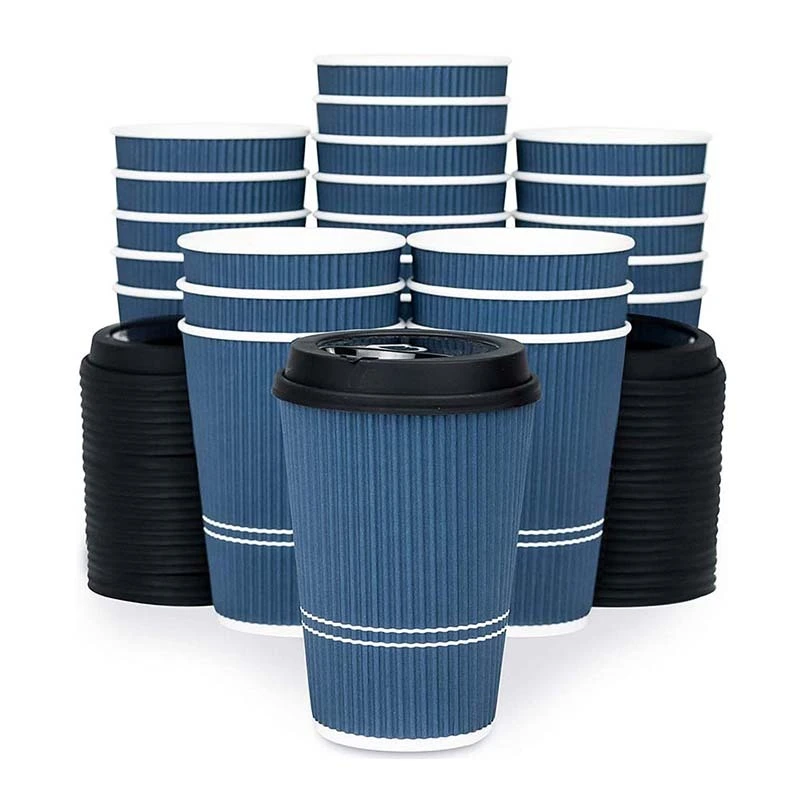 Uchampak- Disposable Paper Cups with White Lids Ripple Insulated Kraft for Hot /Cold Drinks Ripple wall cup 1
