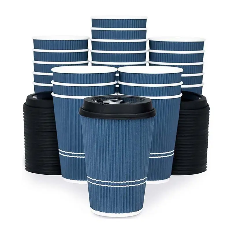 Uchampak - Cwpanau Papur tafladwy gyda Chaeadau Gwyn Kraft wedi'i Inswleiddio Ripple ar gyfer Cwpan Wal Crychlyd Diodydd Poeth / Oer 1