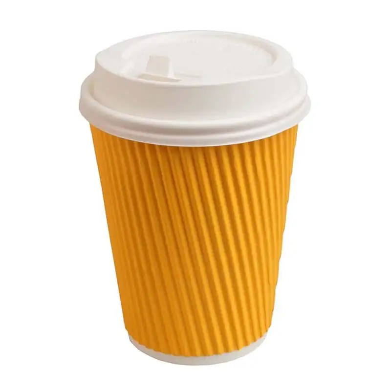 Uchampak- Disposable Paper Cups with White Lids Ripple Insulated Kraft for Hot /Cold Drinks Ripple wall cup1 1