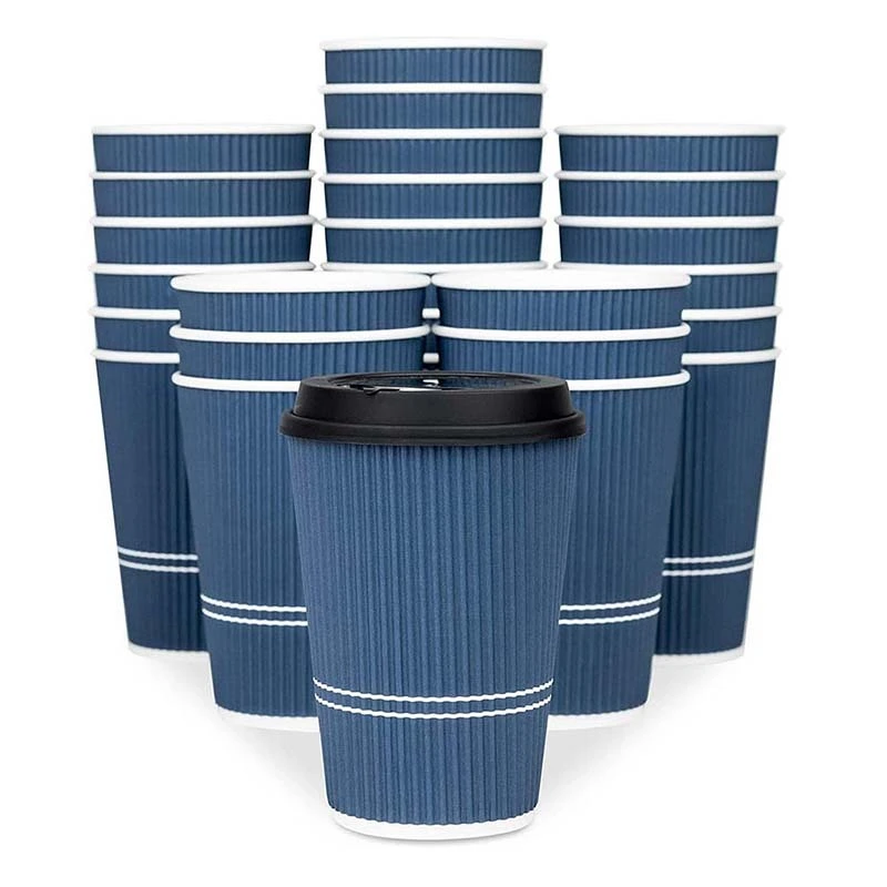 Uchampak- Disposable Paper Cups with White Lids Ripple Insulated Kraft for Hot /Cold Drinks Ripple wall cup2 1