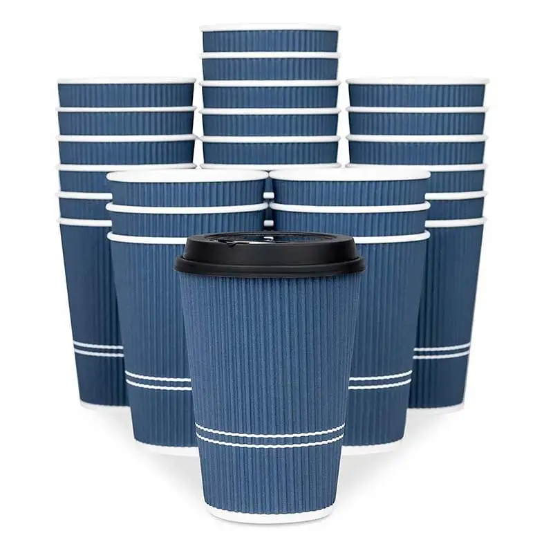 Uchampak- Vasos de paper d'un sol ús amb tapes blanques Ripple Kraft aïllat per a begudes calentes/fredes Tassa de paret Ripple2 1