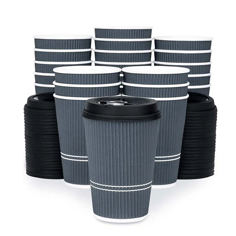 Uchampak - Disposable Paper Cups with White Lids Ripple Insulated Kraft for Hot /Cold Drinks Ripple wall cup 1