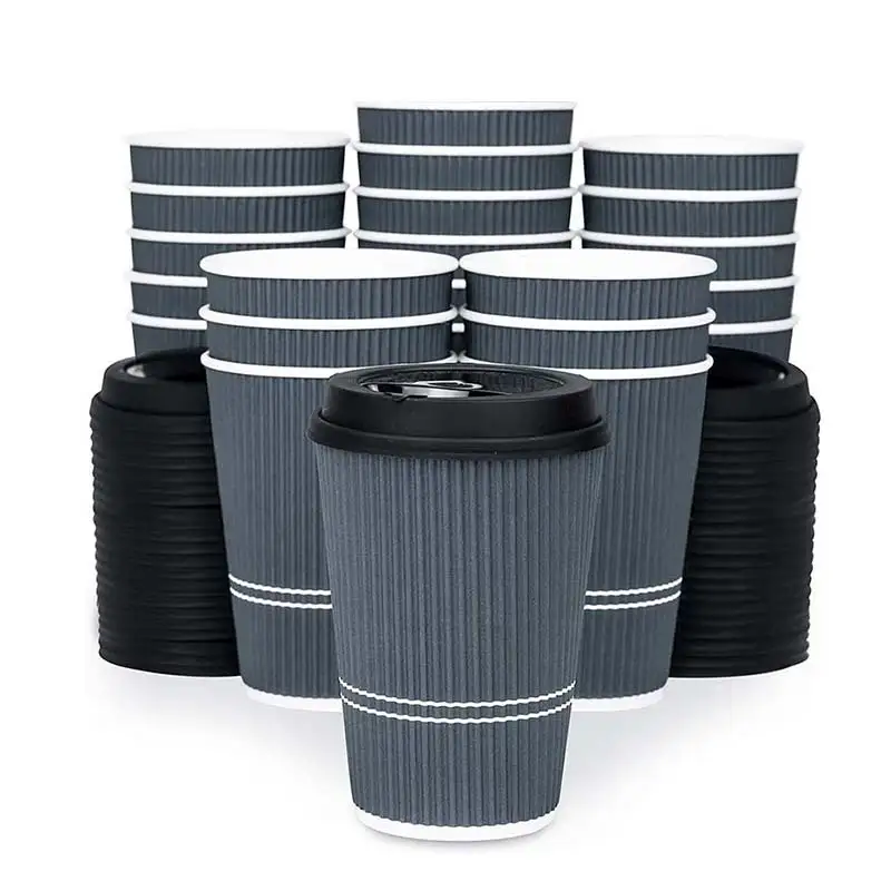 Uchampak - Einnota pappírsbollar með hvítum lokum Gáraeinangruð Kraft fyrir heita/kalda drykki Ripple veggbolli 1