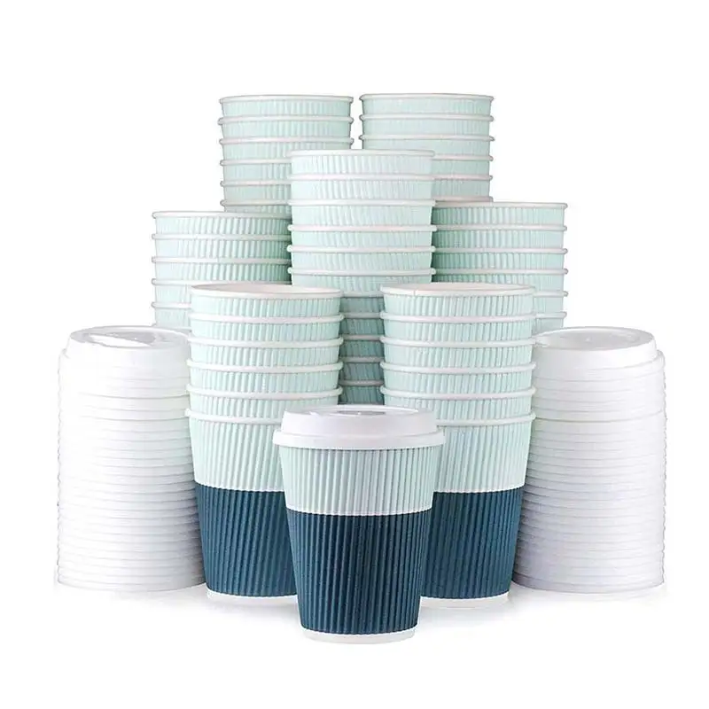 Uchampak - Disposable Paper Cups with White Lids Ripple Insulated Kraft for Hot /Cold Drinks Ripple wall cup1 1