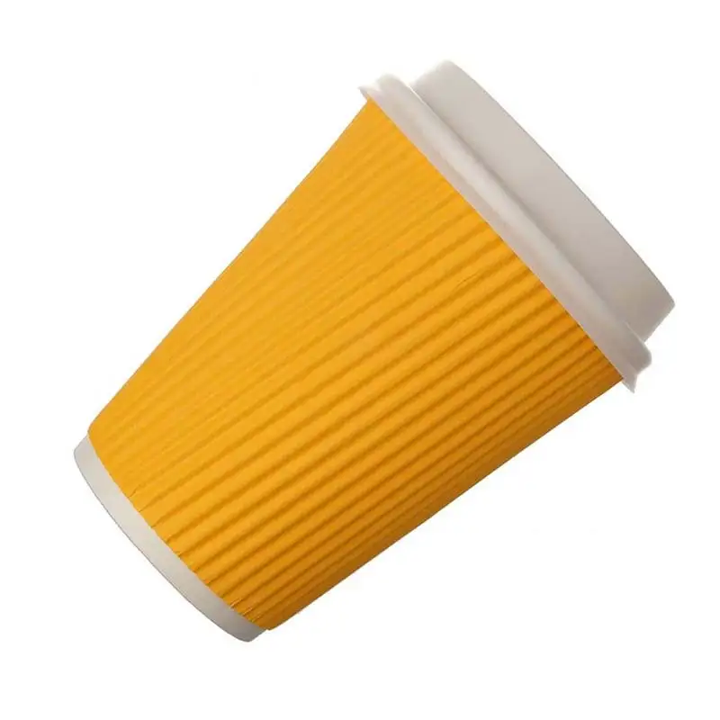 Uchampak- Disposable Paper Cups with White Lids Ripple Insulated Kraft for Hot /Cold Drinks Ripple wall cup3 1