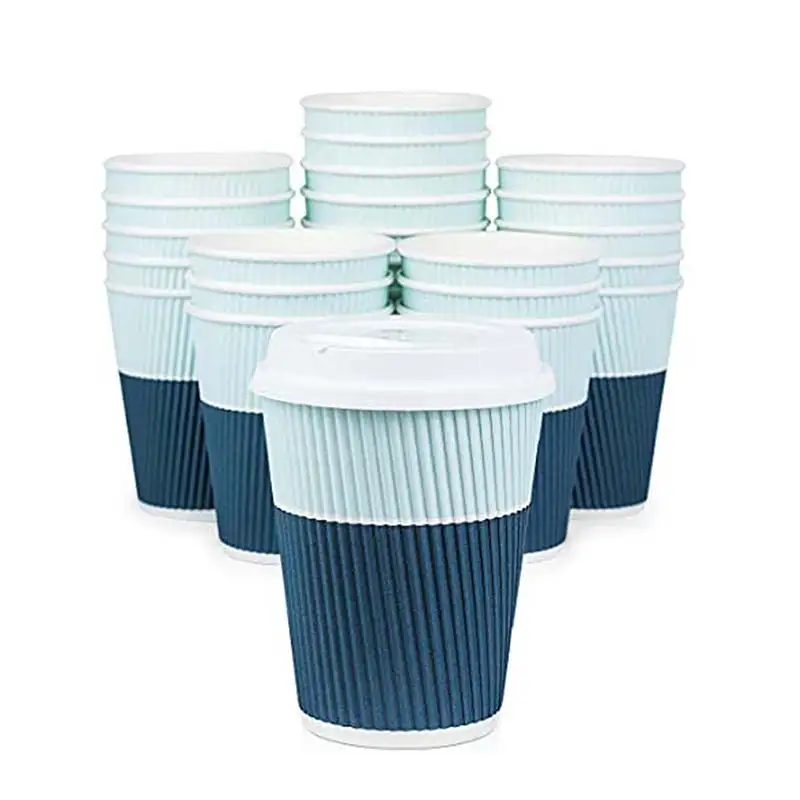 Uchampak - kertakäyttöiset paperimukit valkoisilla kansilla, aaltoilemalla eristetty Kraft kuumille/kylmille juomille Ripple-seinäkuppi2 1