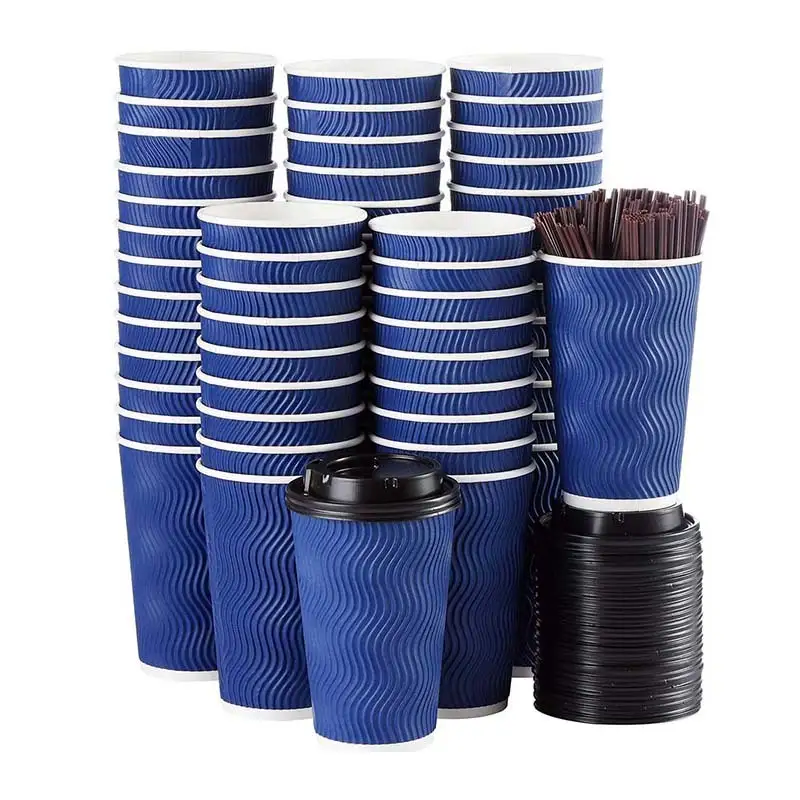 Uchampak  - Hot Coffee Paper Cup Black Disposable Double Wall Gold  Custom Logo  8oz 12oz Time Packaging Ripple wall cup 1