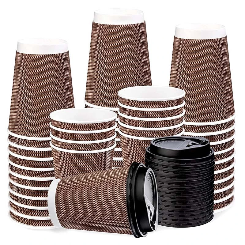 Uchampak- Hot Coffee Paper Cup Black Disposable Double Wall Custom Logo8oz 12oz Style Time Packaging Ripple wall cup 1