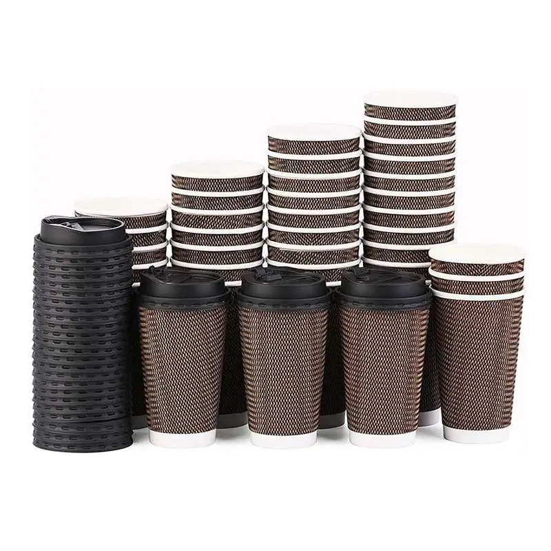Uchampak - Бумажный стаканчик для горячего кофе, черный, одноразовый, с двойными стенками, с индивидуальным логотипом, упаковка на 8 унций, 12 унций, чашка с волнистыми стенками 1
