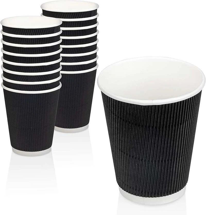 Uchampak - Black Ripple Wall Disposable Paper Coffee Cups for Office Parties Home Travel Hot Drink Cups 1