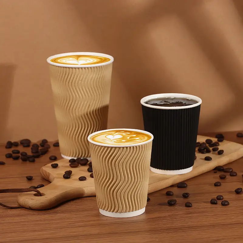 Uchampak - Hot Coffee Paper Cup Black Disposable Double Wall Foil Gold Stamping Custom Logo 8oz 12oz Ripple wall cup 1