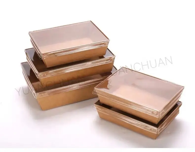 Uchampak - New design PET lid with kraft paper box rectangular disposable food paper container Double wall cup 1