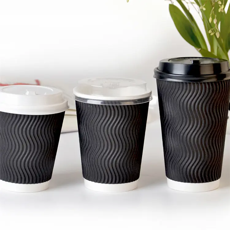 Uchampak - Pasgemaakte 8 oz 10 oz12 oz 16 oz dubbelwand weggooibare warm koue drankies koffie Kraft rimpelpapier koppies met deksels 1
