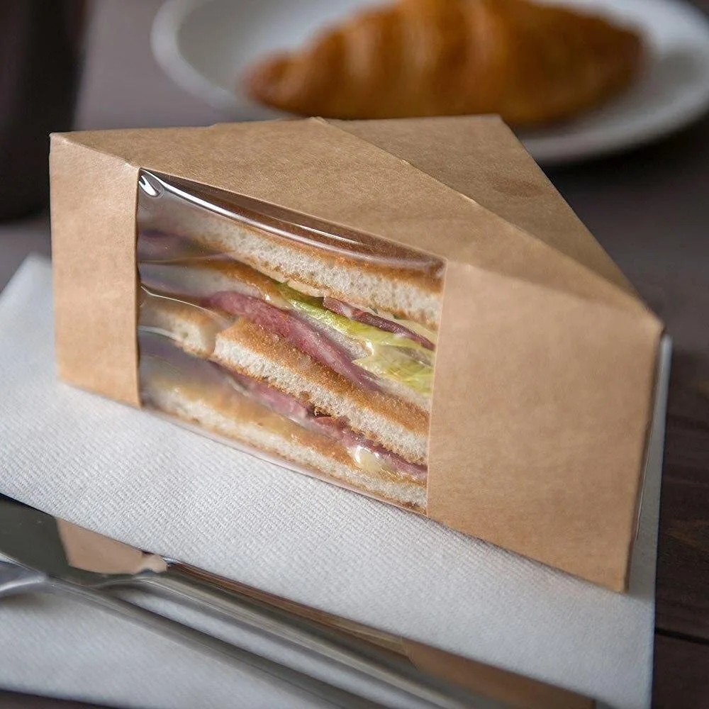 Uchampak- Disposable Sandwich Wedge Box, Kraft Paper Sandwich Takeaway Box-Triangle Sandwich Box with Window 1