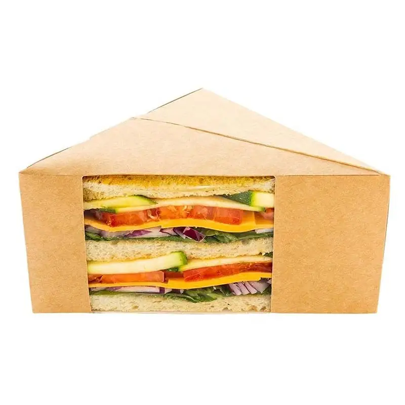 Uchampak - Kleine sandwich-wigbox, wegwerp-sandwich-afhaalbox Driehoekige sandwichbox met venster-bruin-catering 1