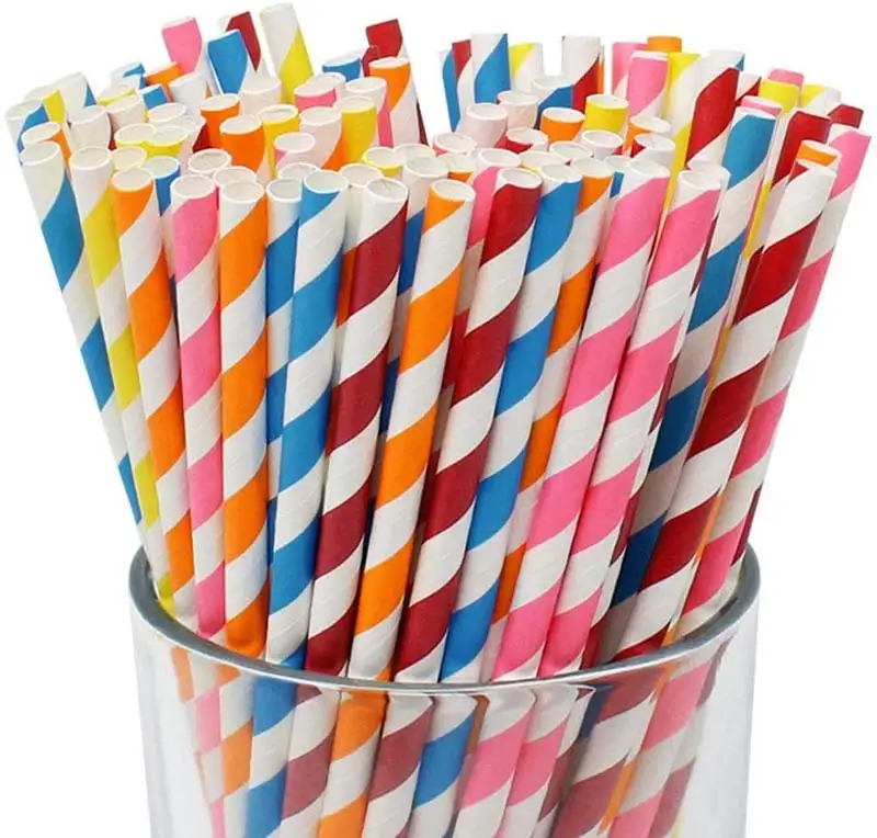 Uchampak- Biodegradable Paper Straws Bulk, Assorted Rainbow Colors Striped Drinking Straws for Juice shakes Accessories 1